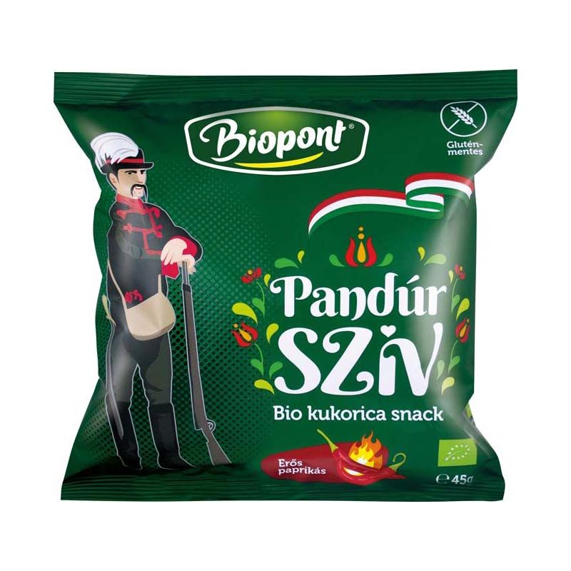 Biopont Pandúr szív bio kukorica snack erős paprikás ízesítéssel, gluténmentes