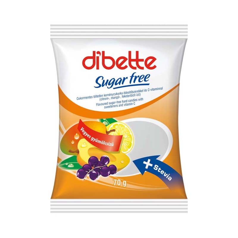 Dibette cukormentes vegyes gyümölcs ízű cukorka édesítőszerrel