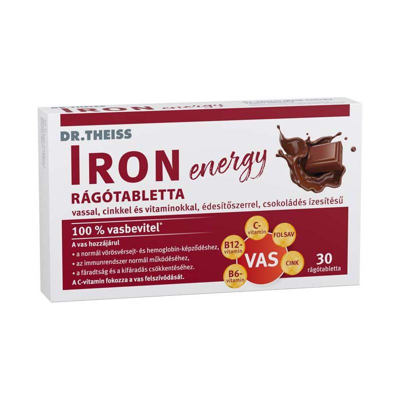 Dr. Theiss Iron Energy rágótabletta édesítőszerrel csokoládé ízben