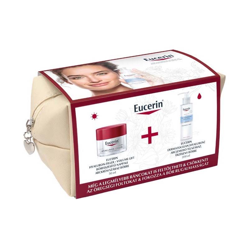 Eucerin Hyaluron-Filler + Volume Lift bőrfeszesítő nappali arckrém száraz bőrre & DermatoClean arctisztító tej