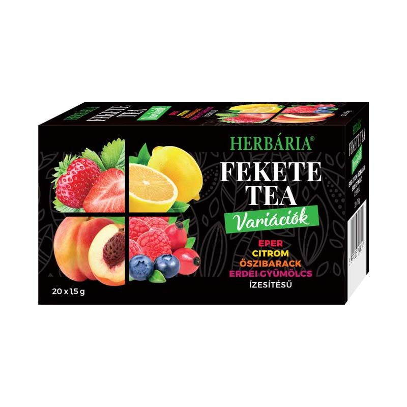 Herbária erdei gyümölcs, barack, citrom, eper ízű filteres fekete tea variációk