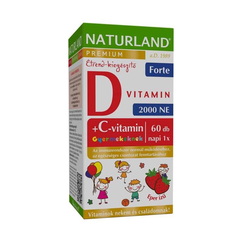 Naturland D3-vitamin forte rágótabletta gyermekeknek C-vitaminnal eper ízű